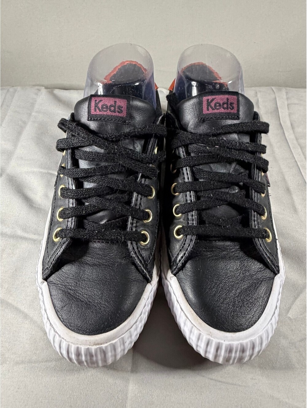 Keds Women's Black Leather Sneakers with Pink and Orange Accents, Size 6.5